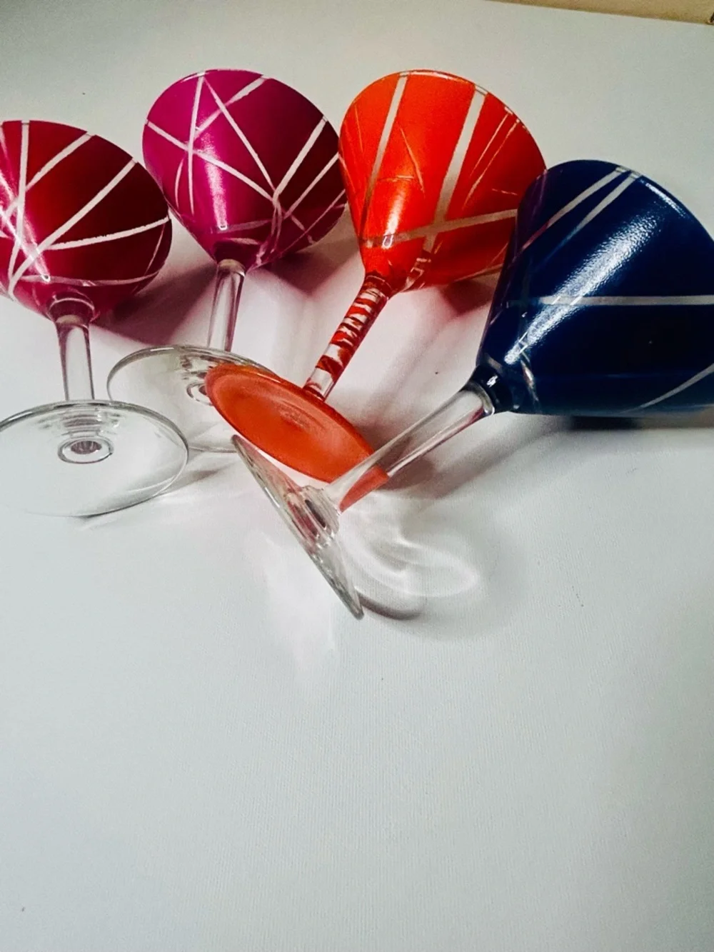 Handpainted Martini Glasses  Set of Four 4 Blue Orange Red Pink Home Decor